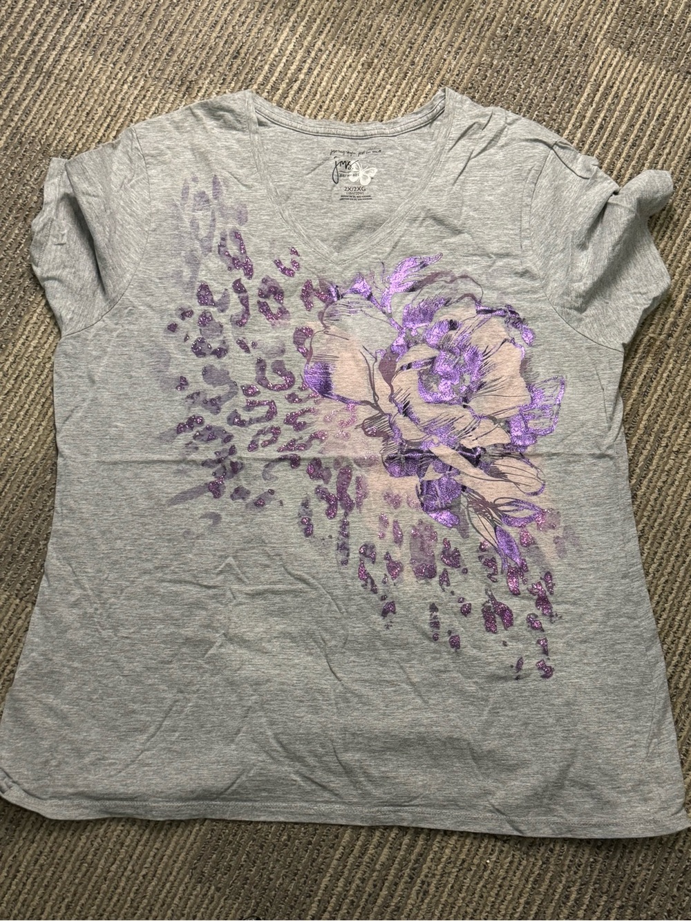 Just My Size Gray V-Neck Tee with Purple Floral Accent